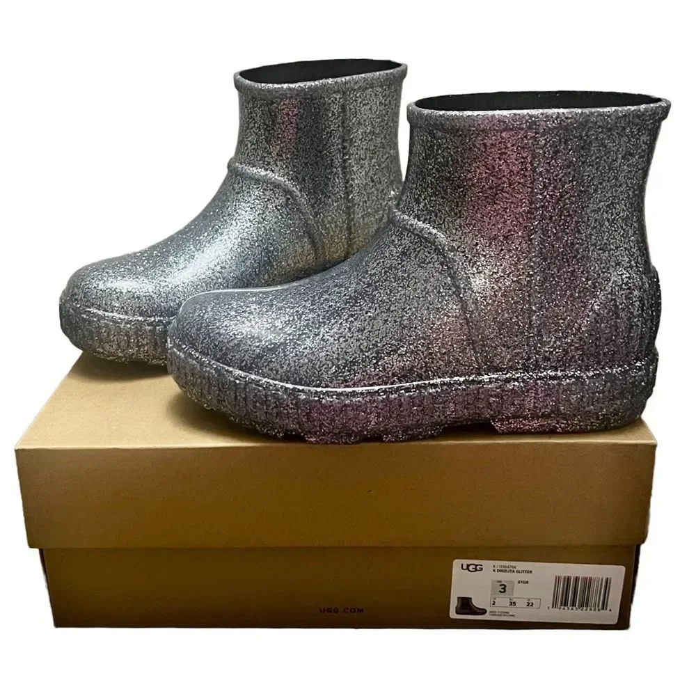 UGG Drizlita Glitter Ankle Rainboots Kids Sz 3 Gray PVC Upcycled Wool Waterproof